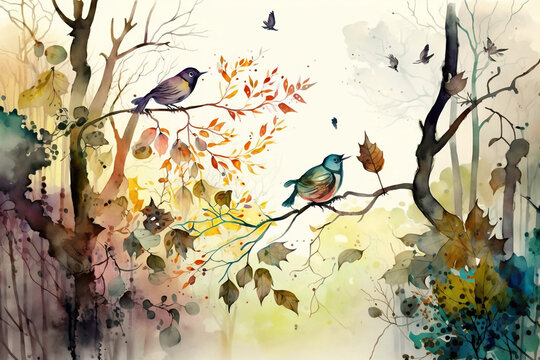 Watercolour illustration of birds in the autumn forest.