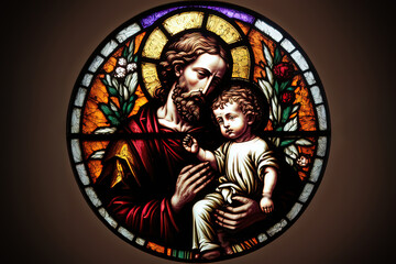 Saint Joseph holds the Christ child in his arms. Christian stained glass. Father's Day.