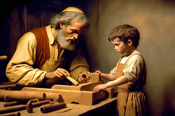 Saint Joseph of Nazareth teaches Jesus Christ about carpentry. Saint Joseph the Worker. Father's Day.