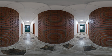 white empty corridor with red brick walls for room office. full seamless spherical hdri panorama...