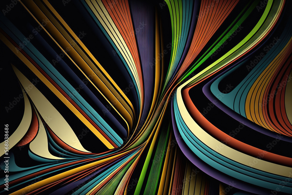 Poster fractal backdrop in several colors with different colored lines and strips. generative ai