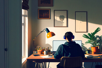 Student doing homework at his desk with a computer. Illustration of casual home workspace and young unrecognizable man connecting online, remote learning and studying. Generative AI.