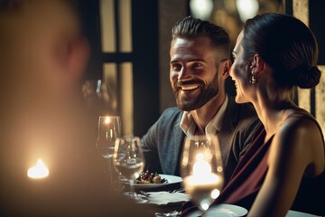 Couple in a fancy restaurant, or a bar, smiling and laughing happily with light bokeh. Generative AI.