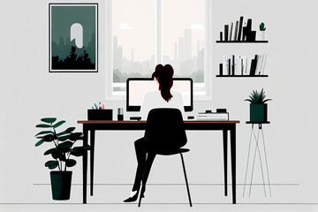 Fototapeta premium Person working from home at his desk with computer. Work at home. Freelance woman working on laptop. Illustration of home office and professional business teleworker connecting online. Generative AI.