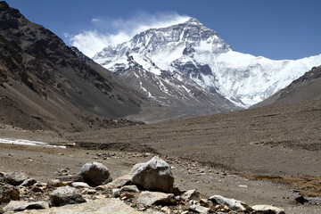 A panoramic view looking up Rongbuk Valley towards Mount Everest, the world's highest mountain, in the Himalayan Mountains in Tibet.