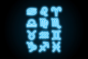 Neon glowing horoscope zodiac astrology icons symbols 