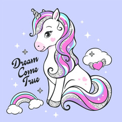 Art. Glitter unicorn. fashion illustration drawing in modern style for clothes. Illustration Sequins. Print for clothes and t-shirts. Vector illustration. T-shirt design.