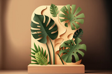 Contemporary Wood Display Podium In Natural Concept With Monstera Plant And Abstract Background. Generative AI