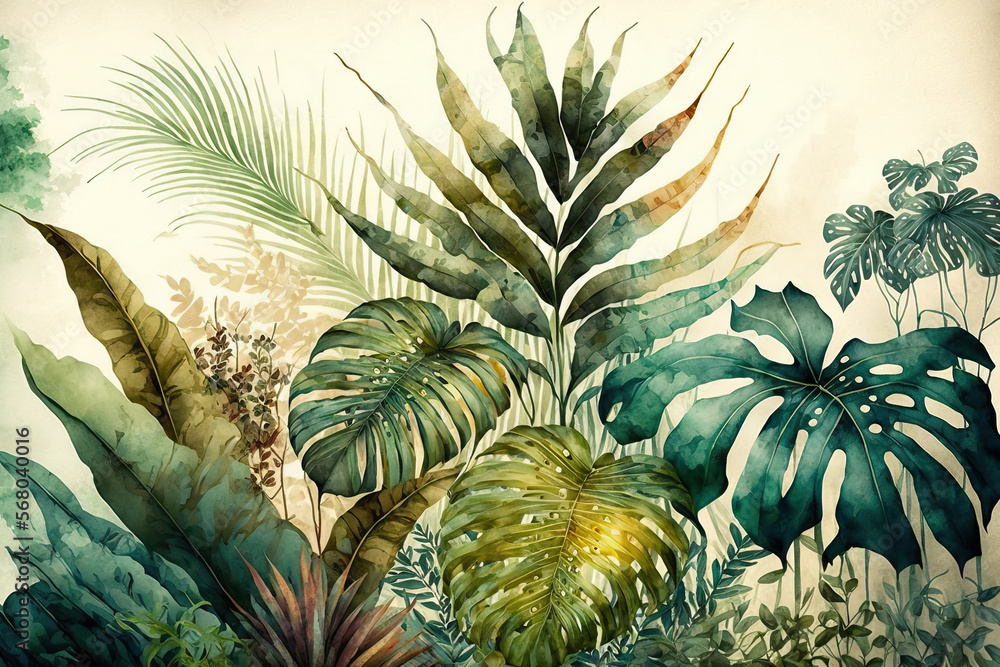 Wall mural Wallpaper with tropical leaves, a watercolor texture, and a background of nature. Generative AI