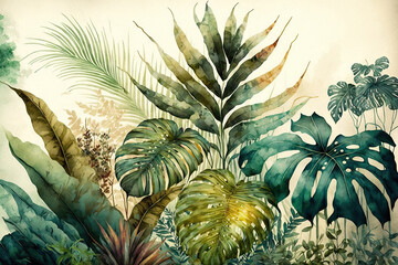 Wallpaper with tropical leaves, a watercolor texture, and a background of nature. Generative AI