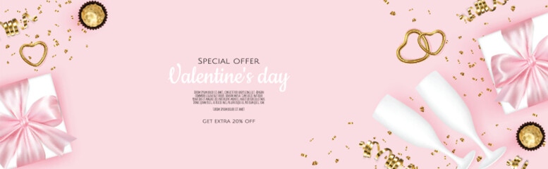 Valentines day postcard. February 14 holiday. Website banner with congratulations. Romance poster. Vector illustration
