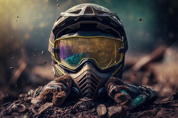 Dirty motorcycle motocross helmet with goggles, Generative ai - obrazy, fototapety, plakaty