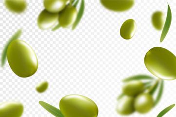 Olives background. Flying or falling olives isolated on transparent background. Can be used for advertising, packaging, banner, poster, print. Realistic 3d design. Nature product. Vector illustration