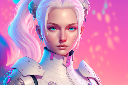 Blonde Android Woman With Blue Eyes On Pink Background In White Suit, Anime Style