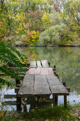 A pier made of old wooden boards set on the water overlooking the autumn trees