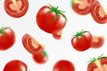 Tomato background. Falling fresh ripe tomatoes, isolated on transparent background. Selective focus. Flying defocusing red tomato. Applicable for ketchup, juice advertising. Realistic 3d vector