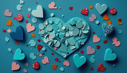 Hearts and gifts scattered across a blue table - Generated AI