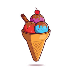 ice cream in a cone with chocolate and cherry cartoon illustration
