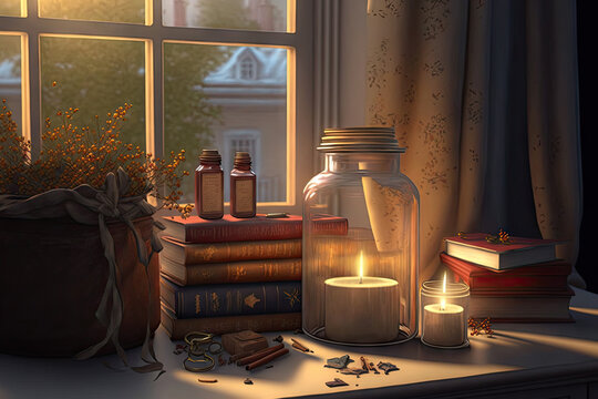 a pile of books, a glass jar shaped candle, a handmade garland, and a craft bag filled with wax candles. The idea of a pleasant table arrangement near a window. Generative AI
