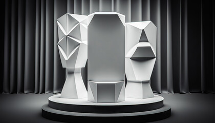 3D Podium Stand and Black Curtains in Background, A Modern and Sleek Podium for Professional Presentations Elegant Podium