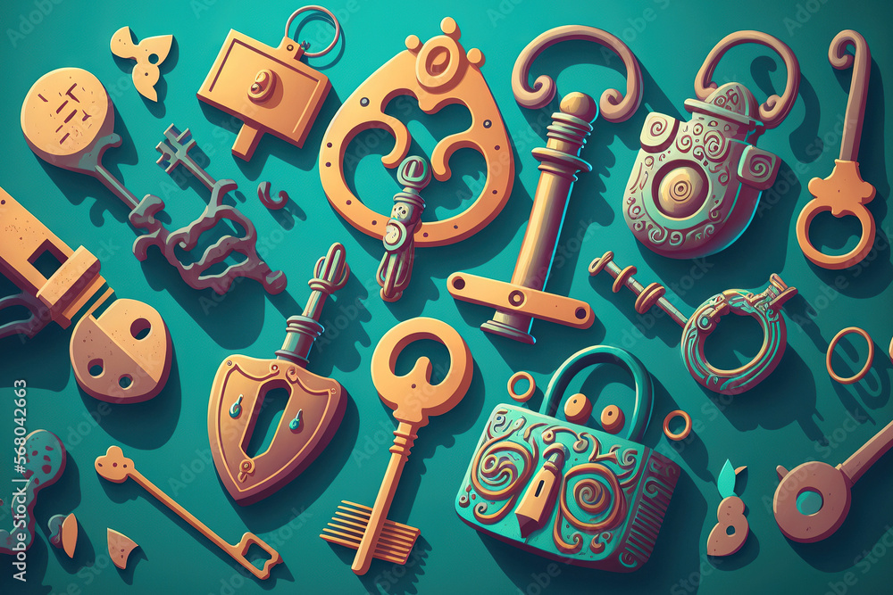 Poster vintage keys and padlocks overhead lay flat composition security concept. generative ai
