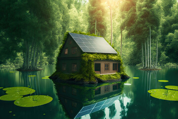 Fototapeta premium Symbolizing the sustainable storage of solar energy in household settings is a lake in the form of a house with solar panels and batteries in the center of a thriving forest. Generative AI