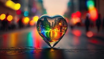 Fototapeta na wymiar Rainbow heart shaped glass on the street