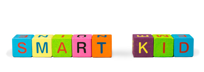 Wooden cubes with Colorful letters isolated on white background