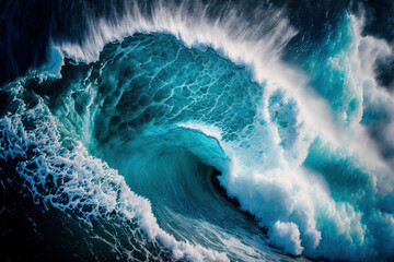 Beautiful aerial shot of a wave crashing in a stormy blue ocean. Generative AI
