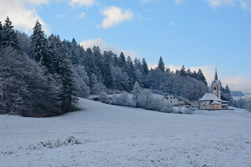 The snowy December landscape near Brode village in the Skofja Loka municipality of Gorenjska,...