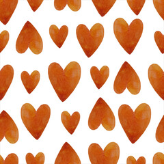 Watercolor seamless pattern with hearts. Abstract watercolor green,purple, orange, red heart background. Concept love, valentine day greeting card.