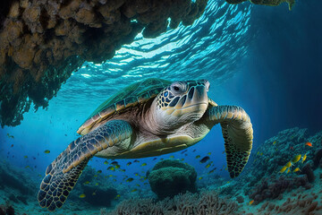 backdrop of a stunning turtle captured during a dive. Generative AI