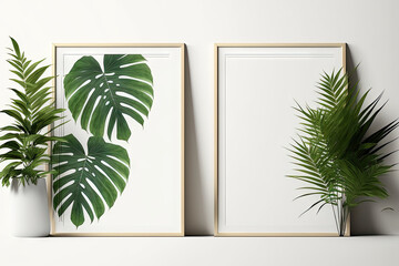 Two vertical frame mockup on a white gallery wall with wooden floor, palm leaves and green leaf plant pot illustration. Generative AI