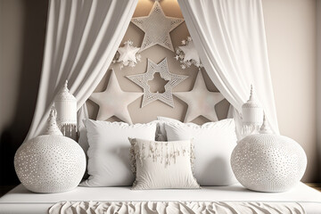 Five soft white pillows in the shapes of stars or flowers are arranged on a white table, desk, or shelf that is placed over a bohemian bedroom with a canopy bed in a boho chic interior design