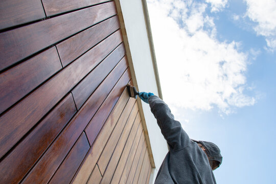 Restoration of hardwood facade siding, dramatic low angle view, woodworker applying pigment oil with brush