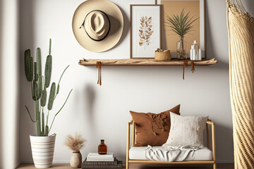 Stylish boho living room decor featuring a wooden shelf, hanging rattan hut, brown mock up poster frame, and elegant accessories. minimalist design idea for the home. Template. Generative AI