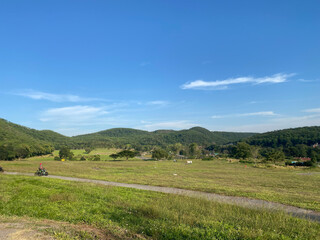 Small road surrounded by green forest and blue sky, perfect for outdoor and travel projects. Scenic summer landscape, ideal as background. Tranquil nature image transports audience to peaceful place.
