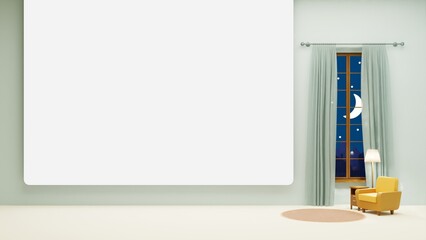 Room with armchair, lamp and rug, night sky window, whiteboard backdrop