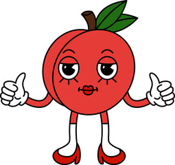Funny fruit character in trendy retro cartoon style. Vector illustration of peach isolated on white background.