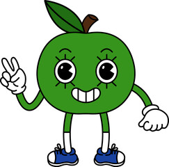 Funny fruit character in trendy retro cartoon style. Vector illustration of apple isolated on white background.