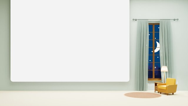 Room with armchair, lamp and rug, night sky window, whiteboard backdrop