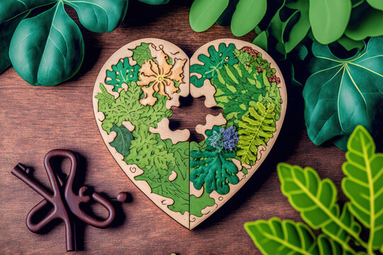 Harmony and Organic Healthy Lifestyle Concept in Healthcare. Alive and surrounded by nature. Heart shaped wooden jigsaw with a stethoscope and a leaf. resemble a flowering plant. Love and relationship