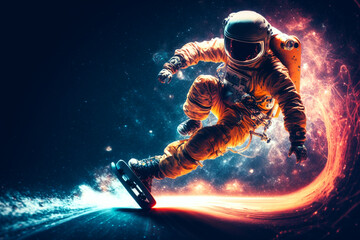 Obraz na płótnie Canvas Comic style astronaut skating in the space. Generative AI.