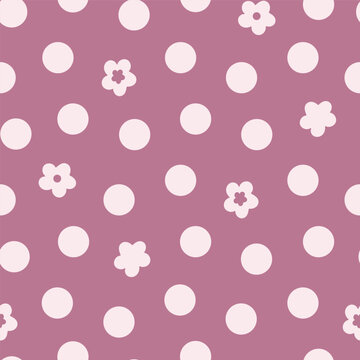 Seamless vector repeat pattern featuring light pink polkadots and flowers over a dark pink background