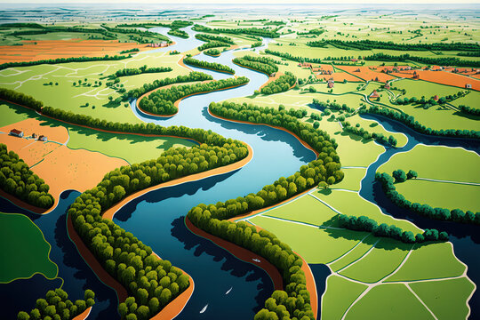 Aerial image of the Netherlands' flowing Koningsdiep river in the vicinity of Beetsterzwaag. Generative AI