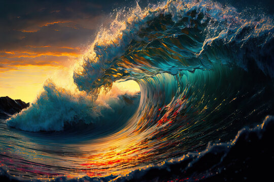 at sunset, a rough colored ocean wave crashes. Generative AI