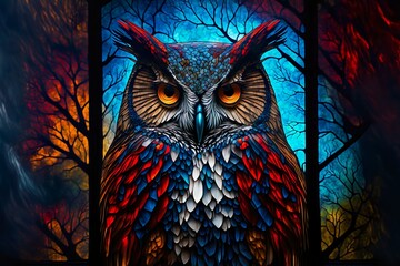 Stained glass majestic owl - obrazy, fototapety, plakaty