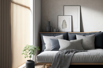Mockup of a modern bedroom décor with beige and grey bedding, a gray sofa, a wooden window blind, and a striped wall. Generative AI