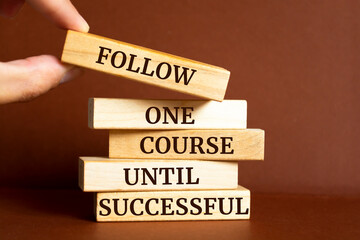 Wooden blocks with words 'follow one course until successful'.