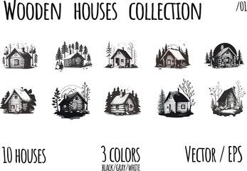 Wooden house in the forest, the concept of eco friendly life . Hand drawing vector illustration